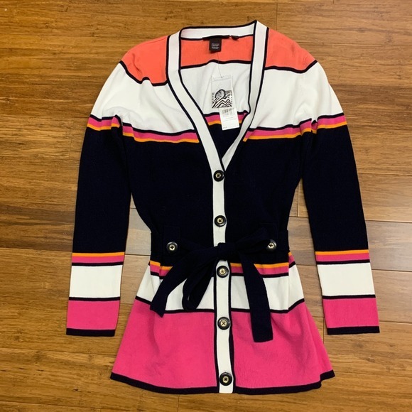 Dana Buchman Sweaters - Dana Buchman Cardigan Women XS Sweater Belted Striped Colorful Approach Workwear